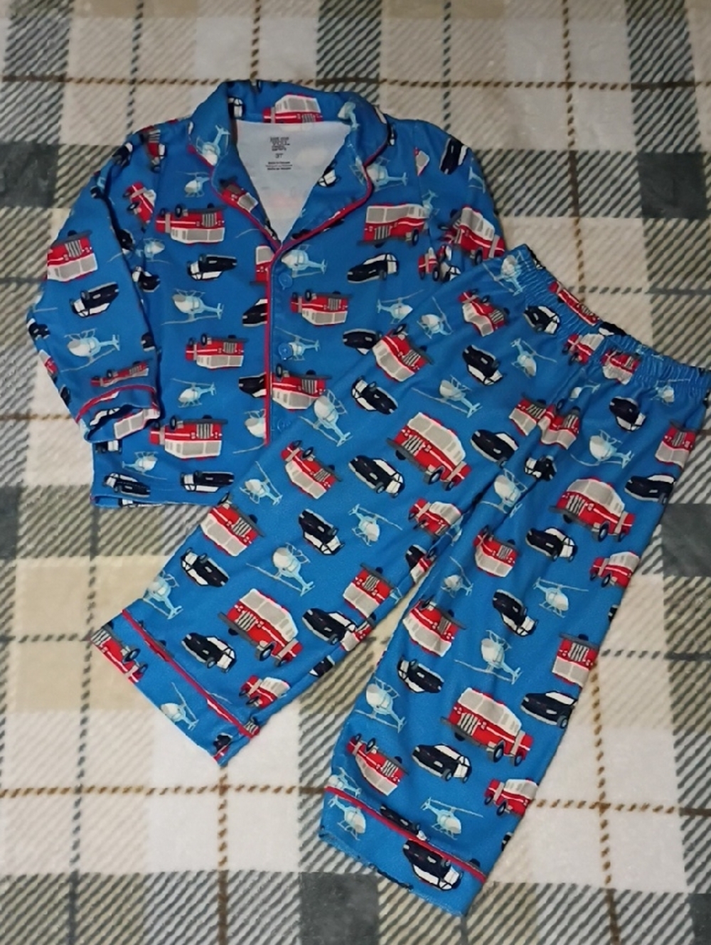 Kids Blue Firetruck & Vehicle Pajama Set